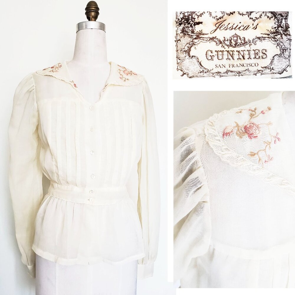 Jessica's Gunne Gunne Sax Womens 70s Vintage Sheer Ivory Blouse with Embroidery